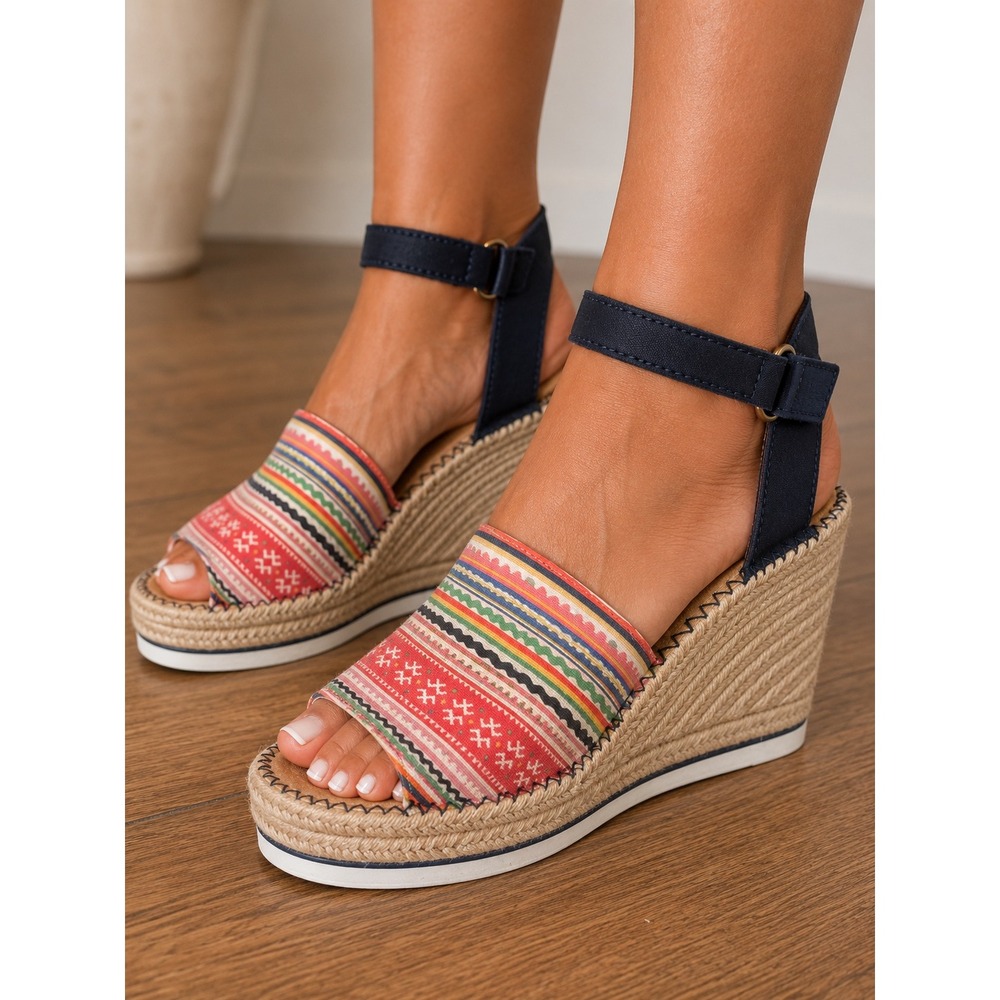 TOMS Monica Navy Multi Color Woven Espadrille Wedge Sandals Womens 9M